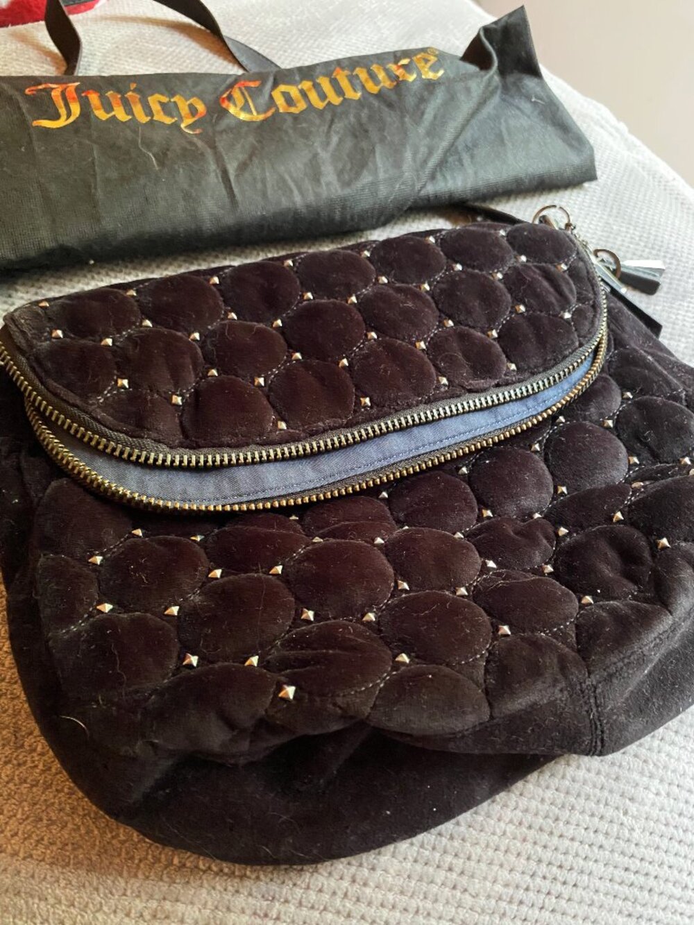 Juicy Couture vintage black velour quilted studded messenger